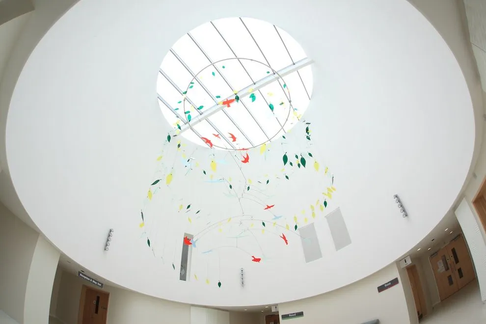 Hanging bird-and-leaf artwork suspended beneath a circular roof light in a dementia care unit