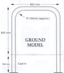 Dimensioned drawing of the ground-fixed (cast-in) Sheffield cycle stand, 850mm wide by 850mm high