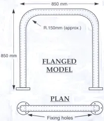 Dimensioned drawing and plan of the flanged Sheffield cycle stand, 850mm by 850mm with fixing holes