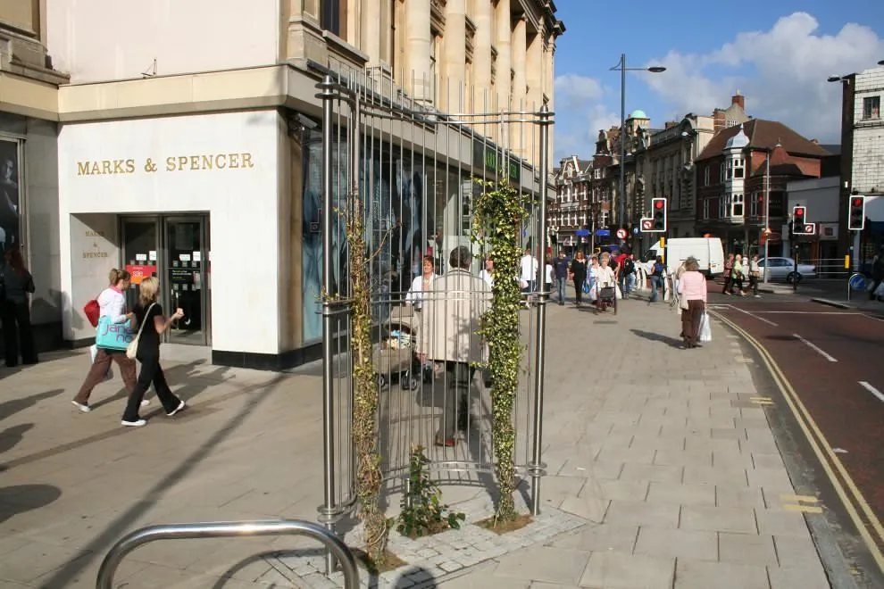 Steel climbing-plant supports on St Stephens Street, Norwich, outside Marks & Spencer