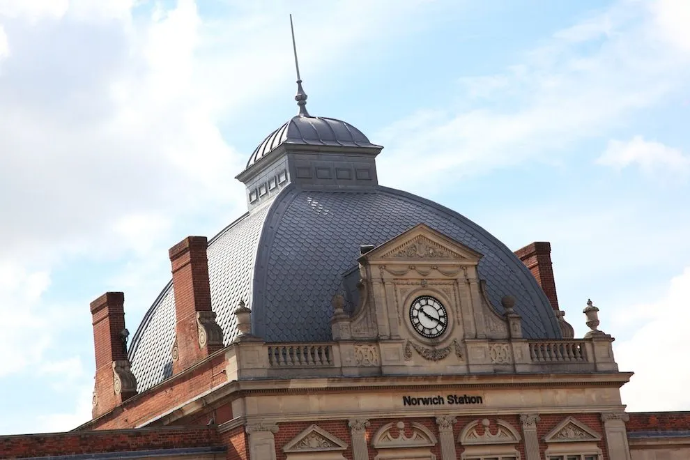 Zinc-clad dome and clock tower of Norwich railway station